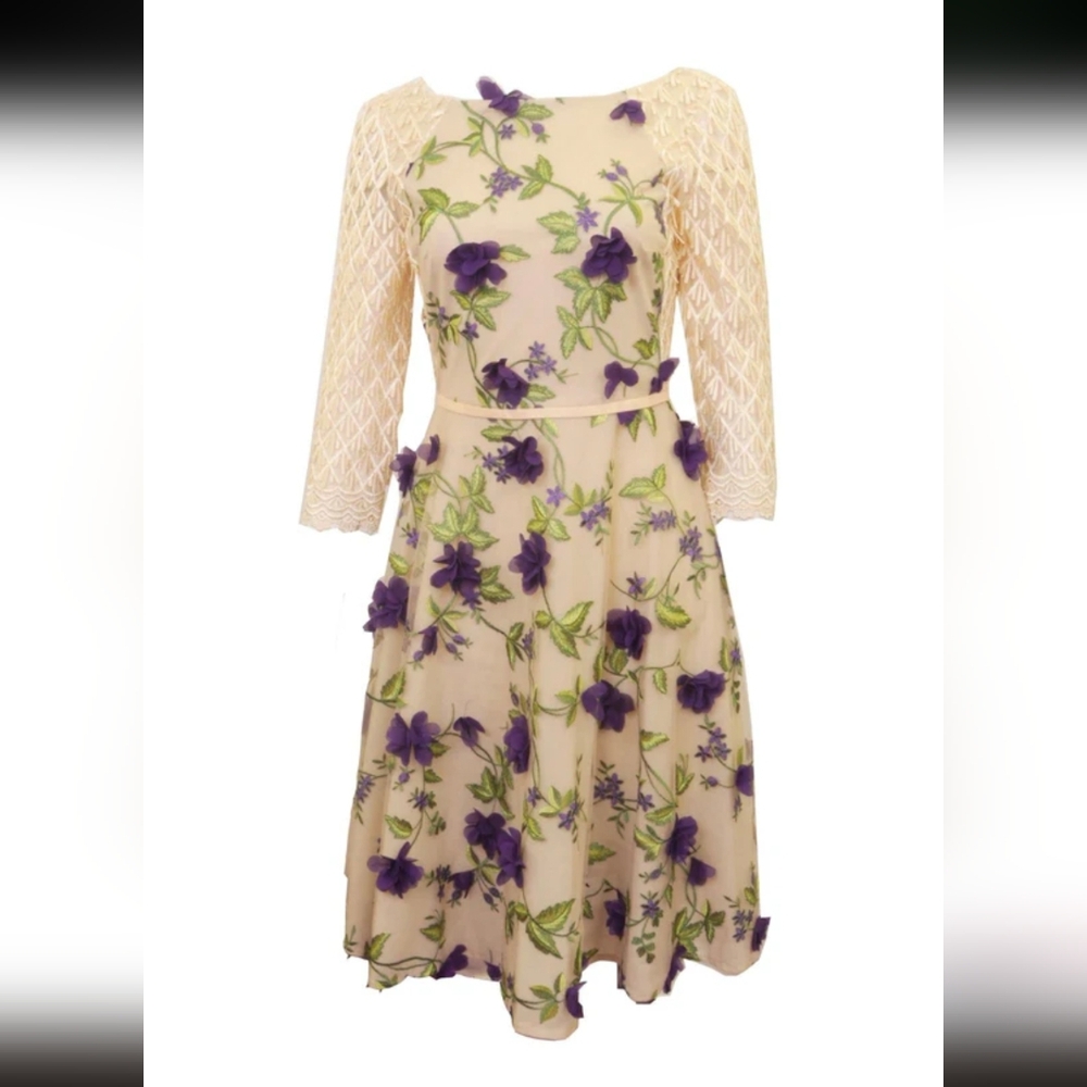 Womma Floral Applique Embroidered Cream Dress With Flowers Nwot Sz UK 12 (6-8)